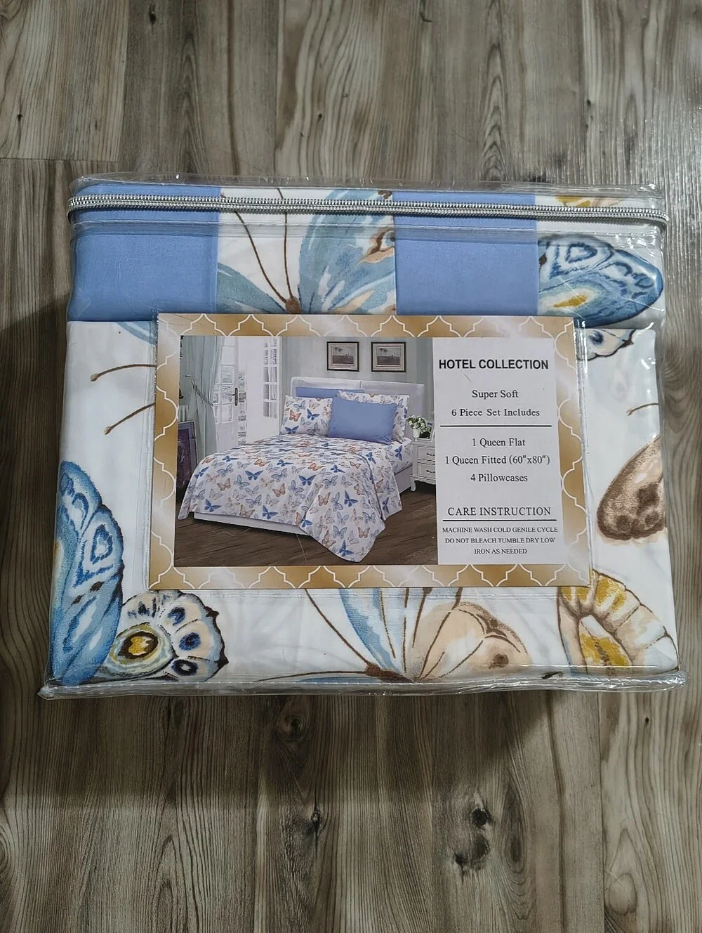 Hotel Collection Queen Bamboo 1800 Sheet Set in Blue and Brown Butterfly Print
